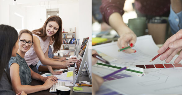 Three women working together at computer in open plan office